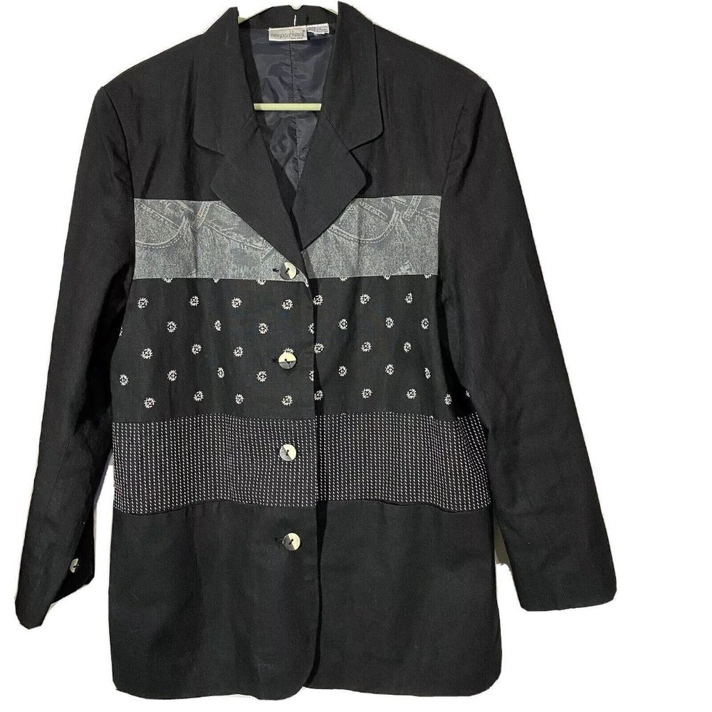 Newport News Womens Blazer Sz 12 Black With Patterns Linen Blend Vintage 90’s